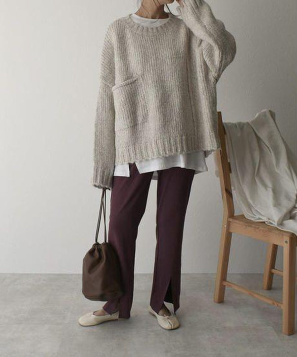 Oaklee | Women's Cream Chunky Knit Drop Shoulder Pocket Sweater