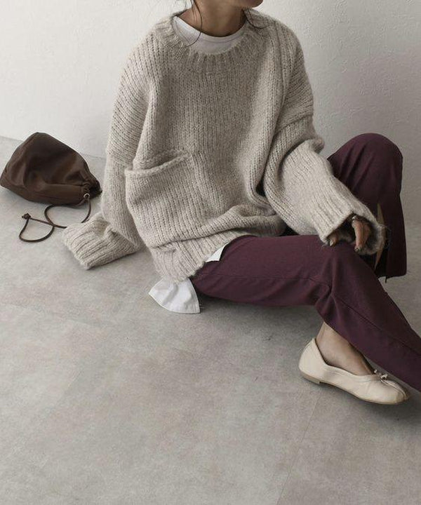 Oaklee | Women's Cream Chunky Knit Drop Shoulder Pocket Sweater