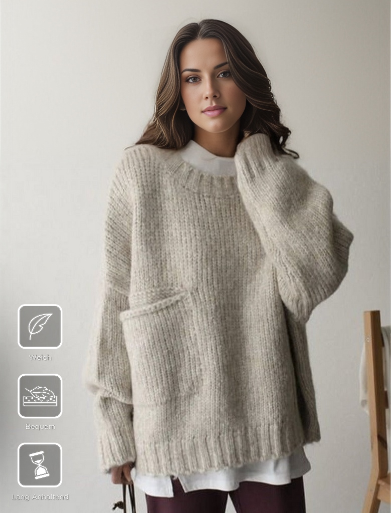 Oaklee | Women's Cream Chunky Knit Drop Shoulder Pocket Sweater