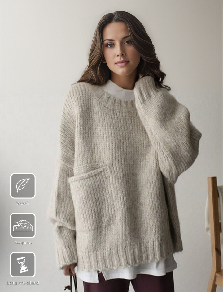 Oaklee | Women's Cream Chunky Knit Drop Shoulder Pocket Sweater
