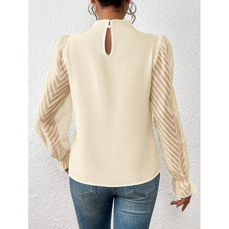 Mock Neck Long Sleeve Pleated Sheer Lace Ruffle Going Out Blouse Top