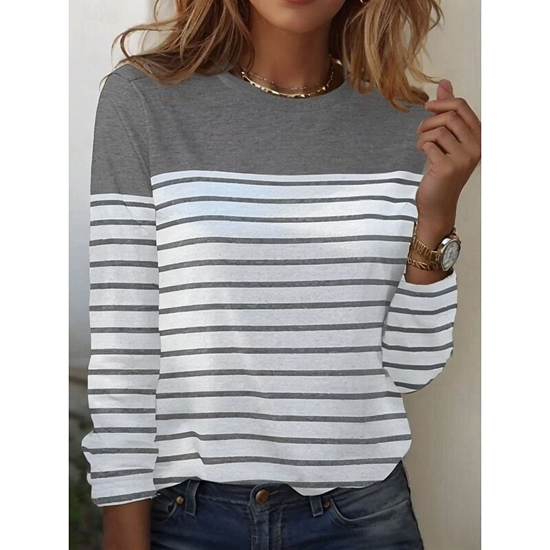 Striped Color Block Crew Neck Long Sleeve Casual Knit Tee Shirt Top