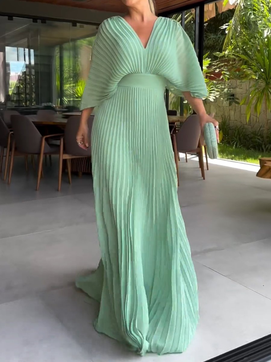 Nola | Women's Maxi V Neck Bell Sleeve Pleated Evening Gown