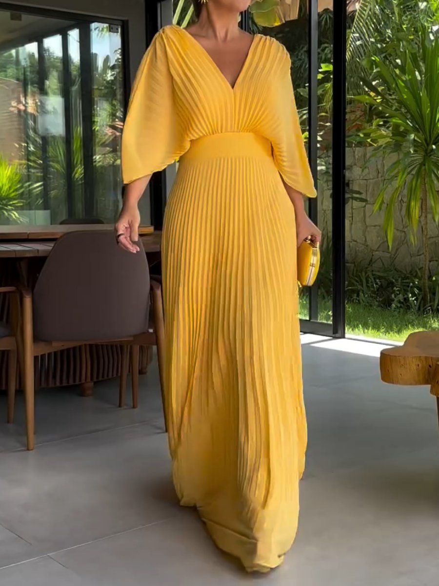 Nola | Women's Maxi V Neck Bell Sleeve Pleated Evening Gown