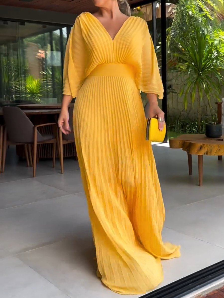 Nola | Women's Maxi V Neck Bell Sleeve Pleated Evening Gown