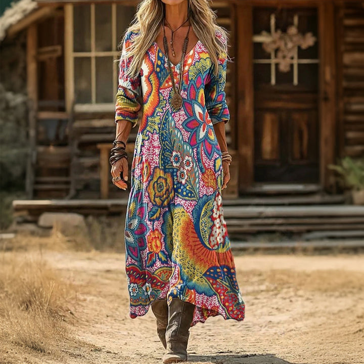 Floral Print V Neck Long Sleeve Flowy Boho Bohemian Western Maxi Midi Dress
