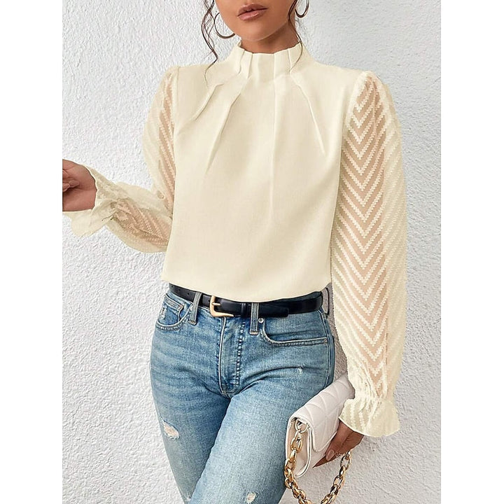 Mock Neck Long Sleeve Pleated Sheer Lace Ruffle Going Out Blouse Top