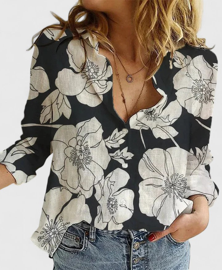 Collared Long Sleeve Button Down Front Relaxed Blouse Shirt Top