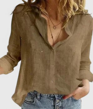 Collared Long Sleeve Button Down Front Relaxed Blouse Shirt Top