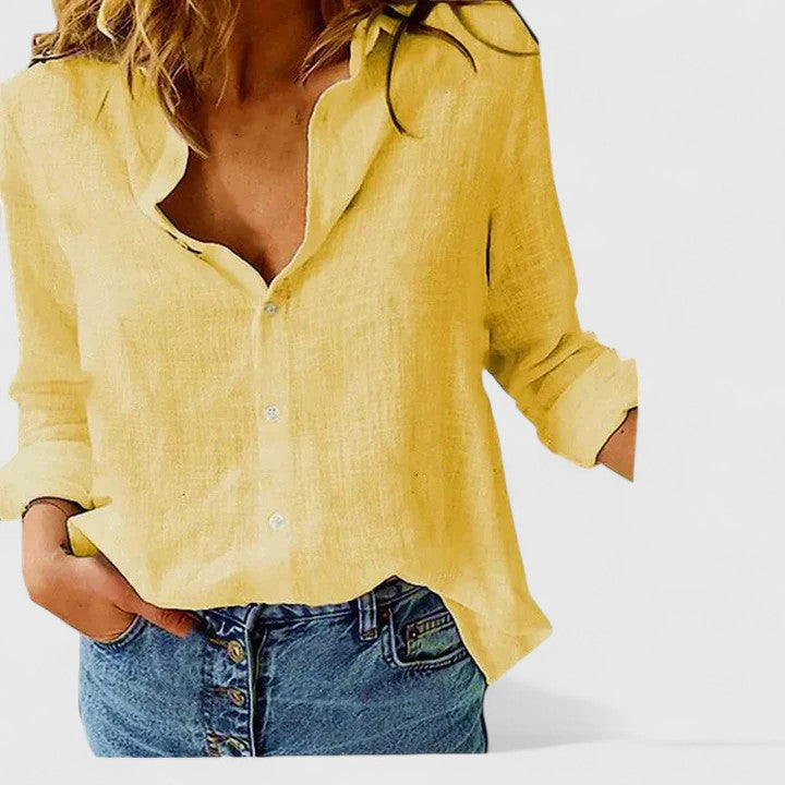 Collared Long Sleeve Button Down Front Relaxed Blouse Shirt Top