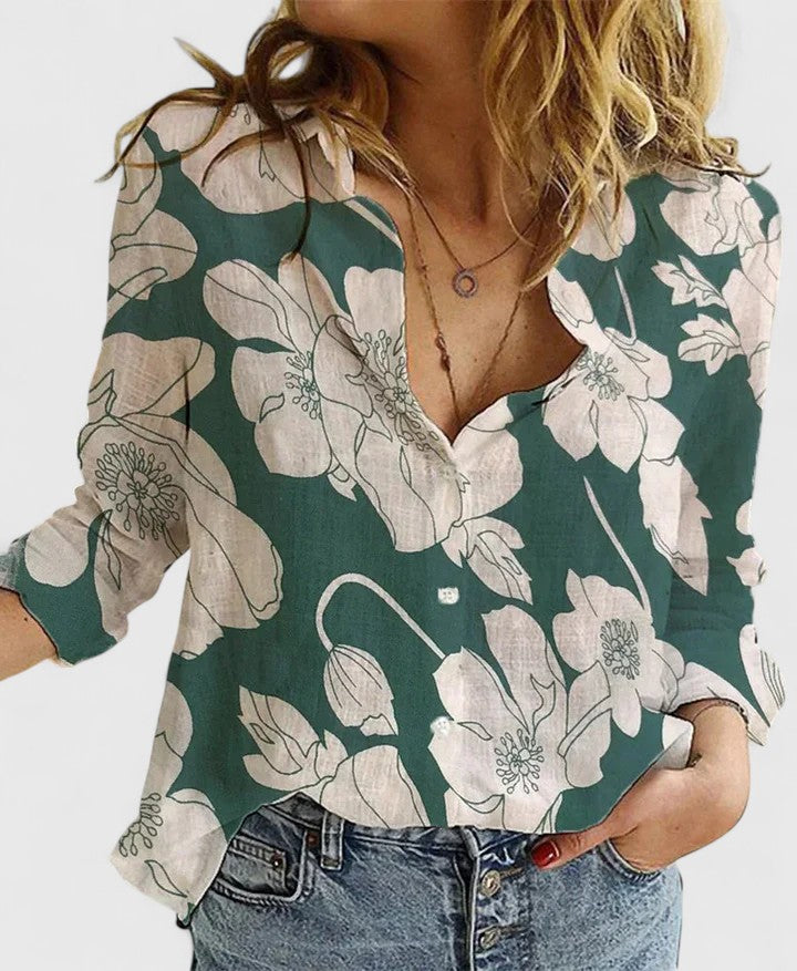 Collared Long Sleeve Button Down Front Relaxed Blouse Shirt Top