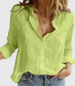 Collared Long Sleeve Button Down Front Relaxed Blouse Shirt Top
