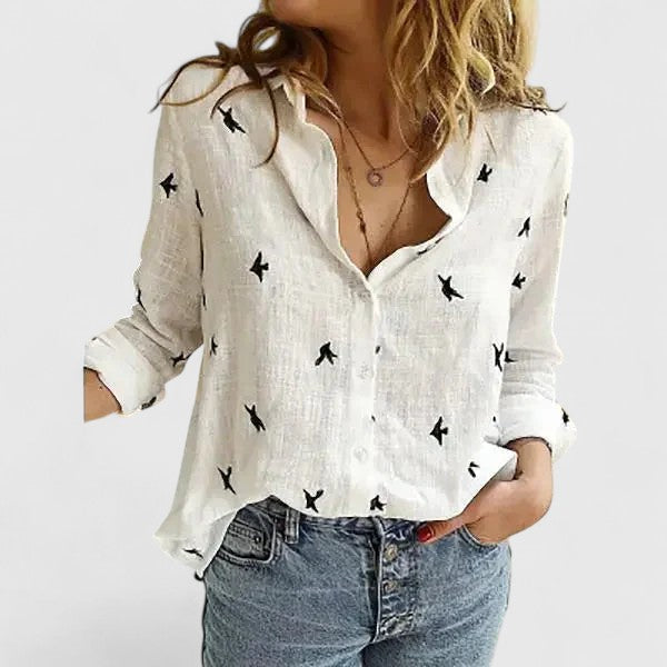Collared Long Sleeve Button Down Front Relaxed Blouse Shirt Top