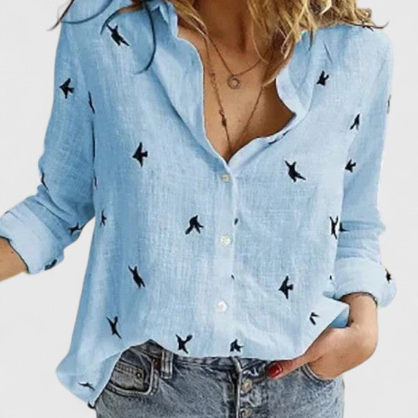 Collared Long Sleeve Button Down Front Relaxed Blouse Shirt Top