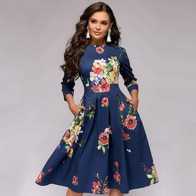 Maren | Women's Floral Crew Neck Elbow Sleeve Pockets Casual Midi Dress