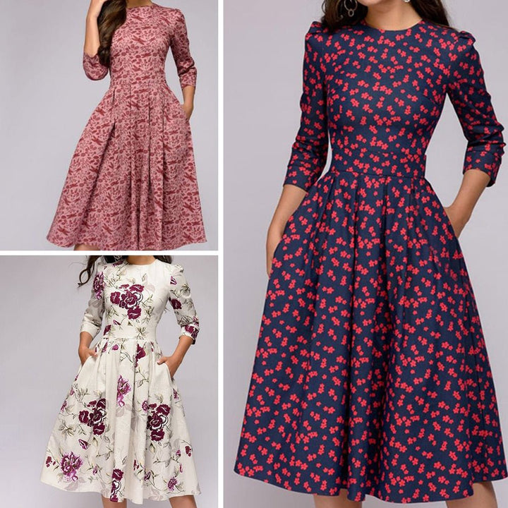 Maren | Women's Floral Crew Neck Elbow Sleeve Pockets Casual Midi Dress