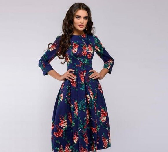 Maren | Women's Floral Crew Neck Elbow Sleeve Pockets Casual Midi Dress