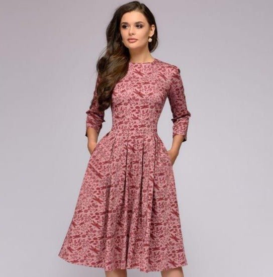 Maren | Women's Floral Crew Neck Elbow Sleeve Pockets Casual Midi Dress