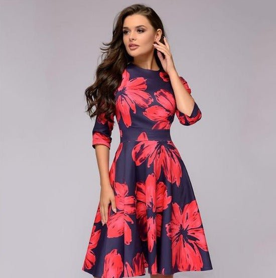 Maren | Women's Floral Crew Neck Elbow Sleeve Pockets Casual Midi Dress