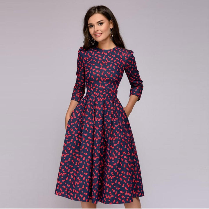 Maren | Women's Floral Crew Neck Elbow Sleeve Pockets Casual Midi Dress