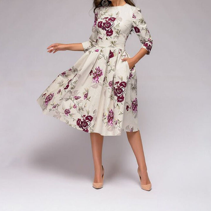 Maren | Women's Floral Crew Neck Elbow Sleeve Pockets Casual Midi Dress