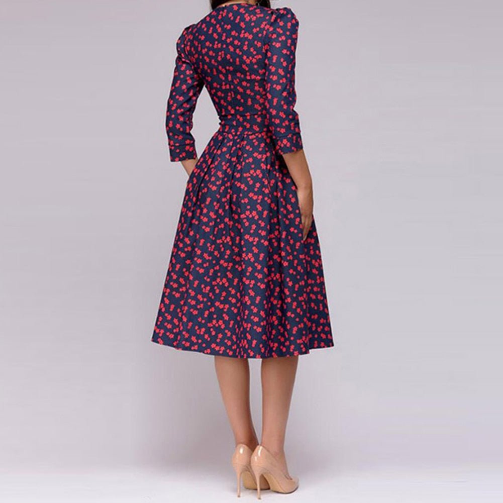 Maren | Women's Floral Crew Neck Elbow Sleeve Pockets Casual Midi Dress