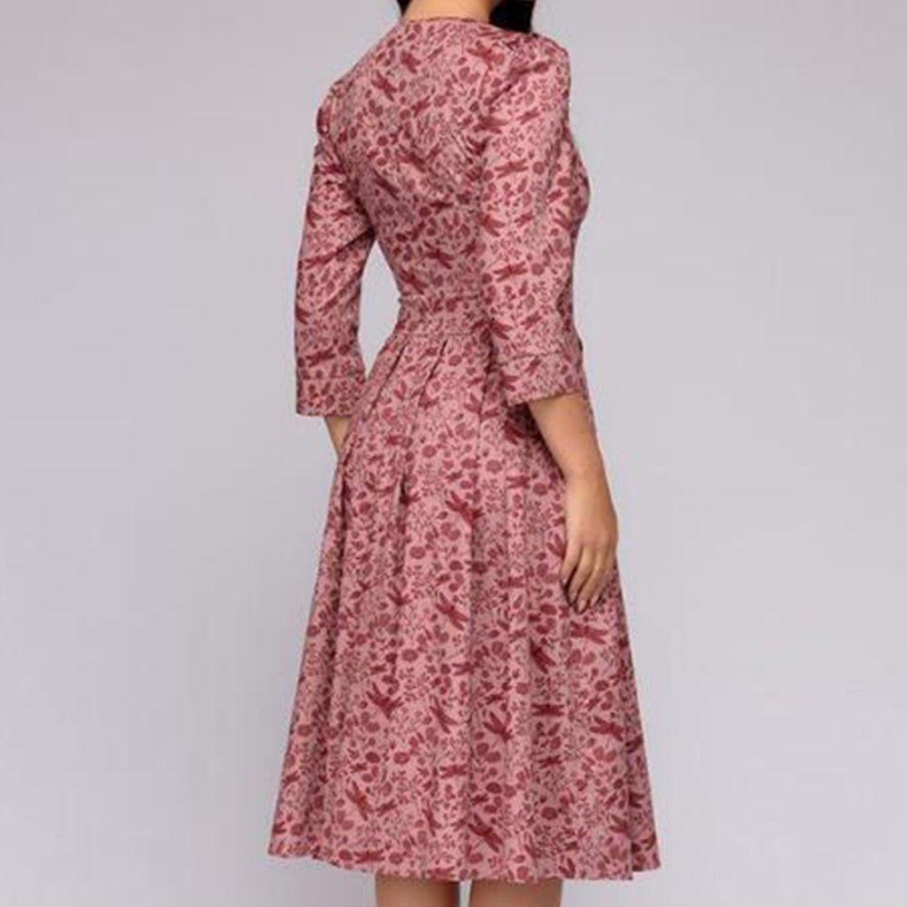 Maren | Women's Floral Crew Neck Elbow Sleeve Pockets Casual Midi Dress