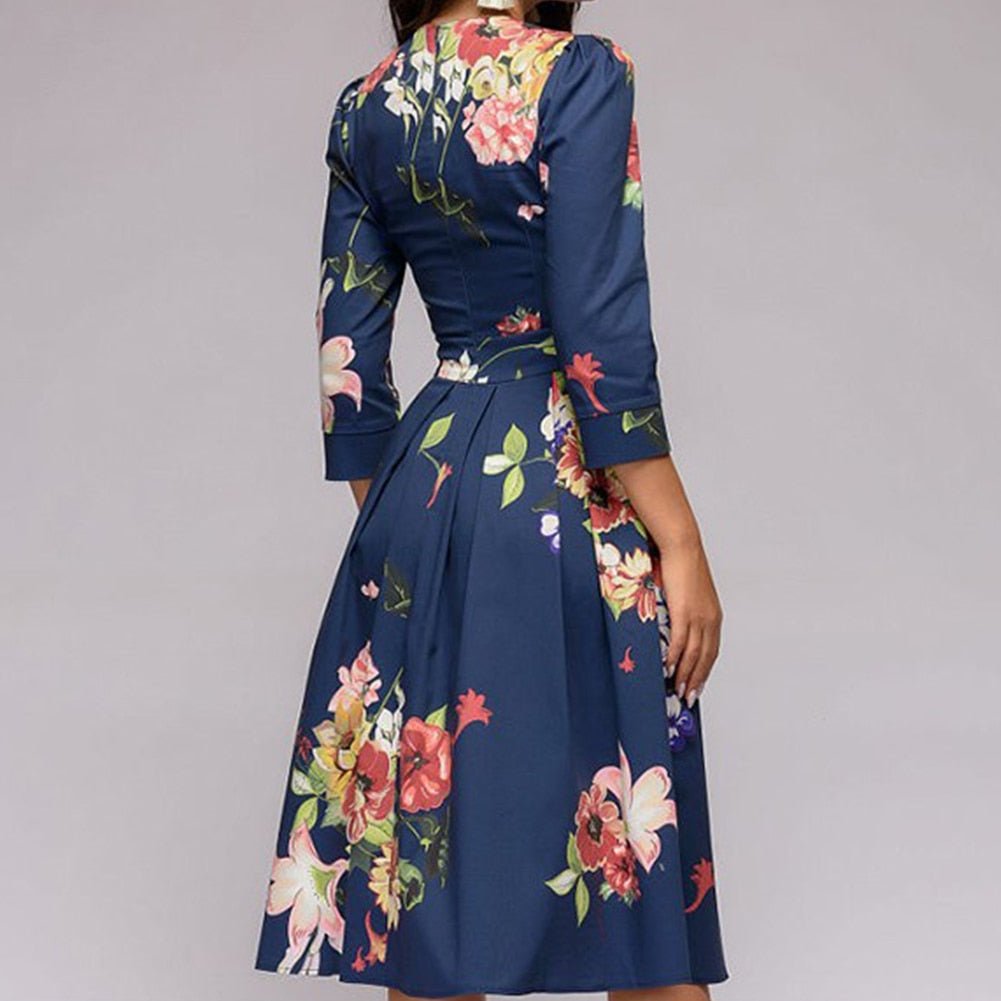 Maren | Women's Floral Crew Neck Elbow Sleeve Pockets Casual Midi Dress