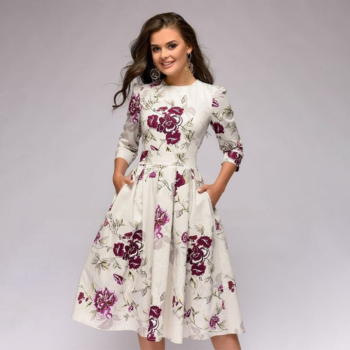 Maren | Women's Floral Crew Neck Elbow Sleeve Pockets Casual Midi Dress
