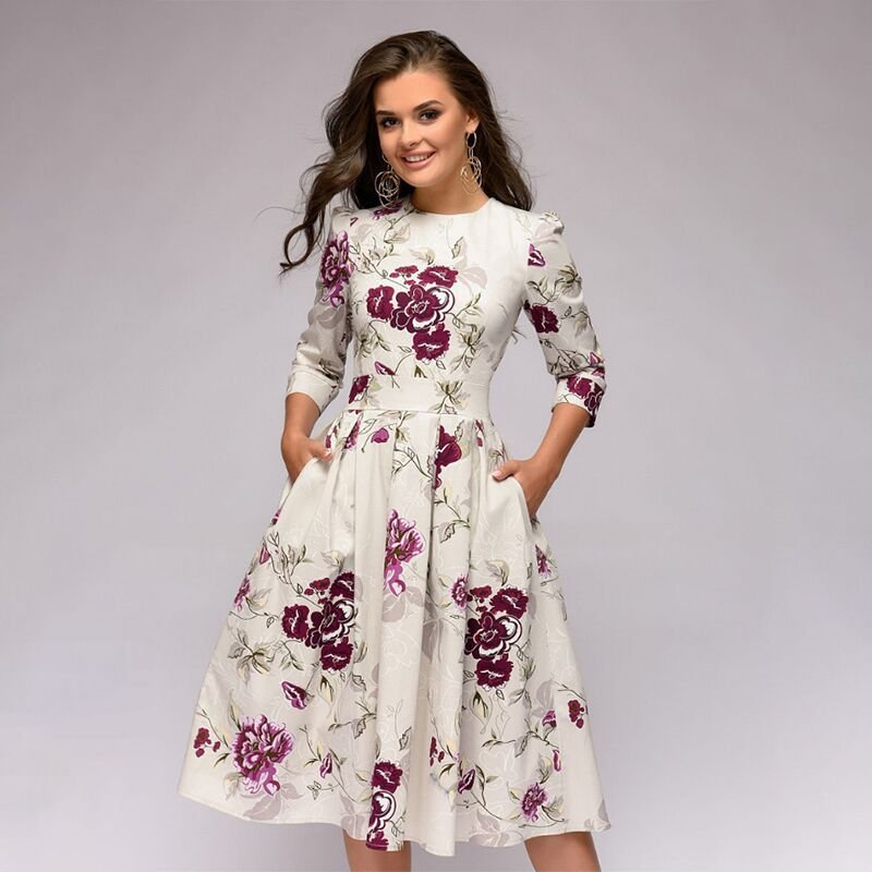 Maren | Women's Floral Crew Neck Elbow Sleeve Pockets Casual Midi Dress