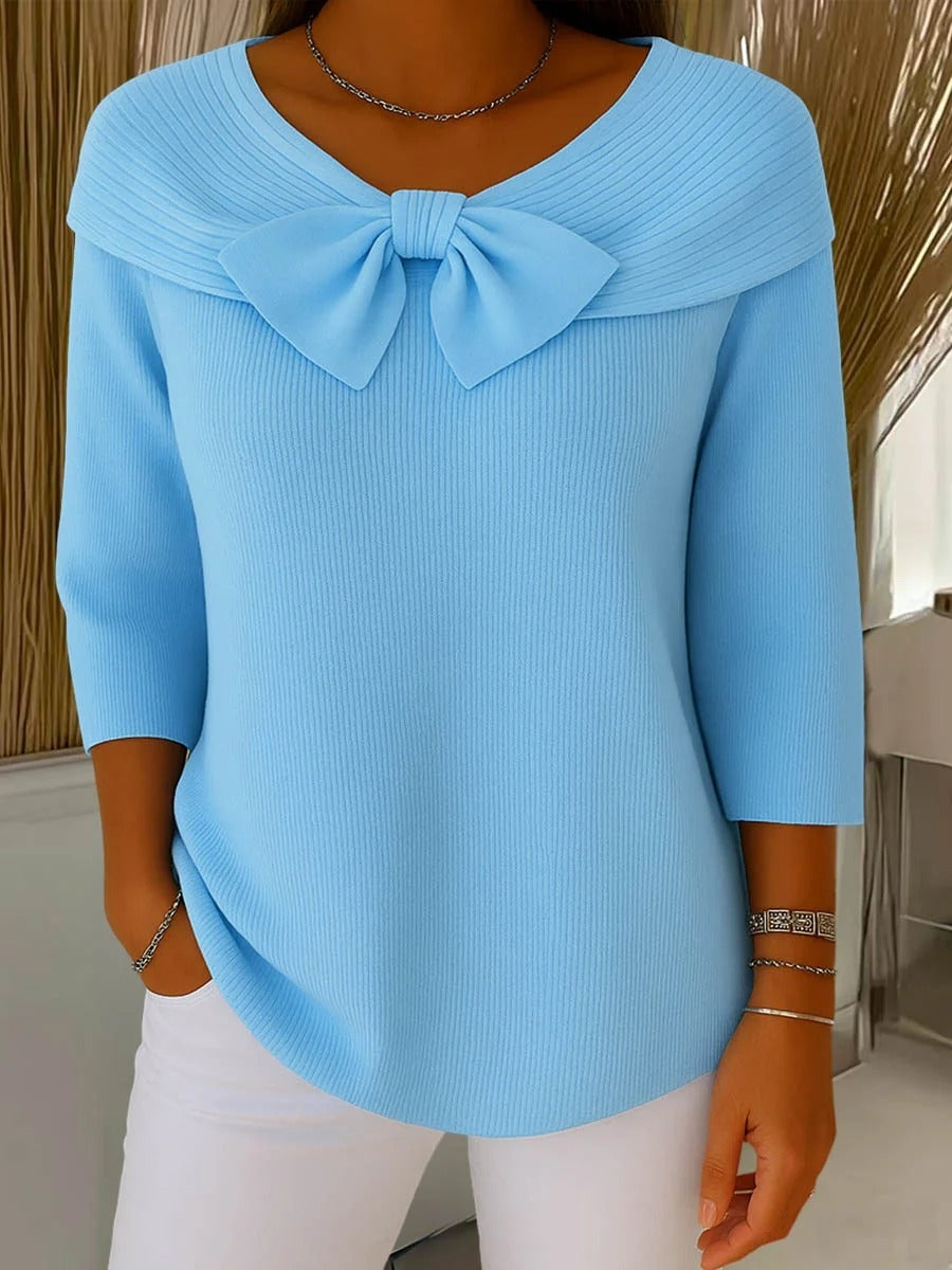 Tinsley | Women's Boat Neck Ribbed Bow Front Elbow Sleeve Sweater