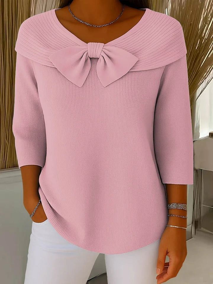 Tinsley | Women's Boat Neck Ribbed Bow Front Elbow Sleeve Sweater