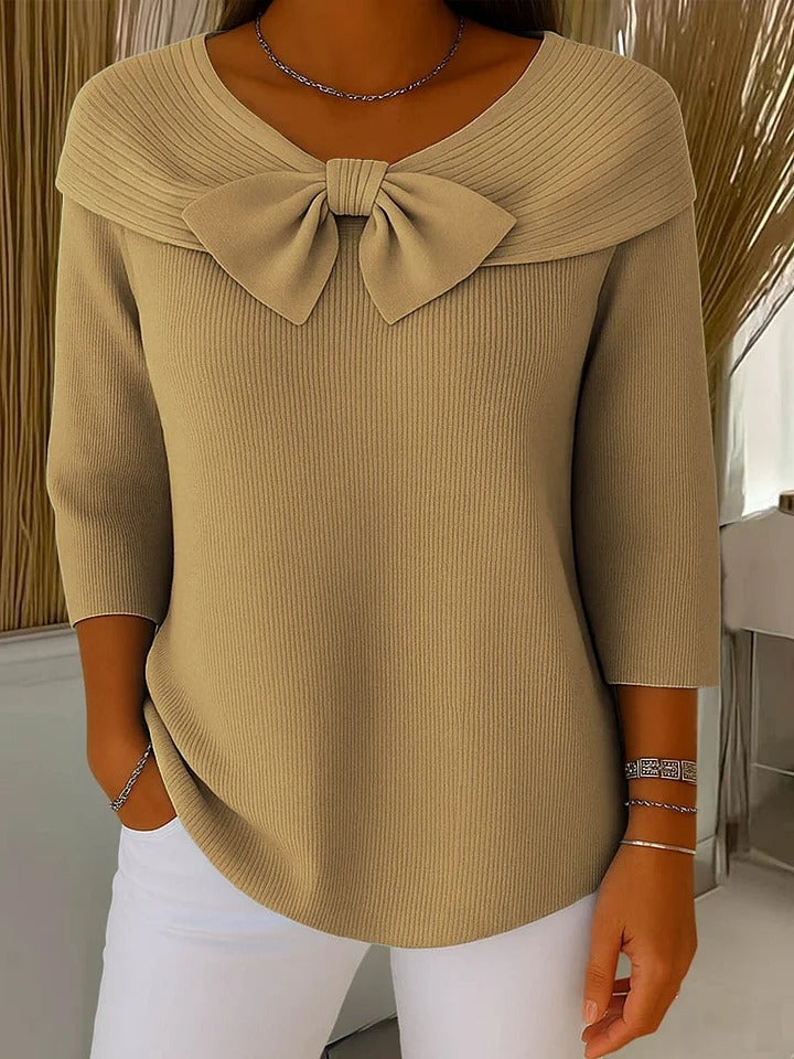 Tinsley | Women's Boat Neck Ribbed Bow Front Elbow Sleeve Sweater