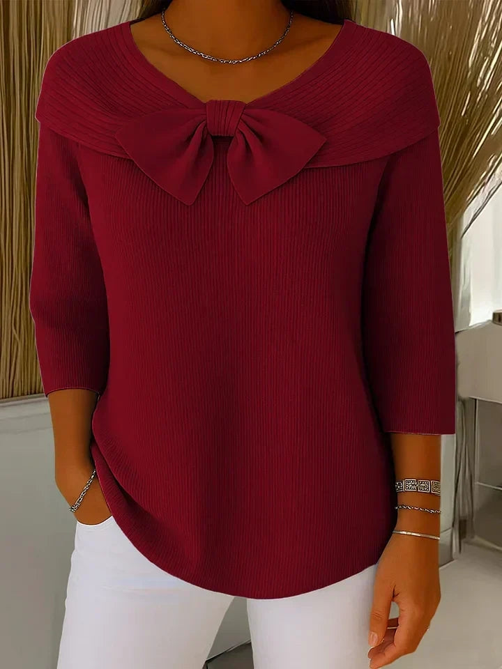 Tinsley | Women's Boat Neck Ribbed Bow Front Elbow Sleeve Sweater