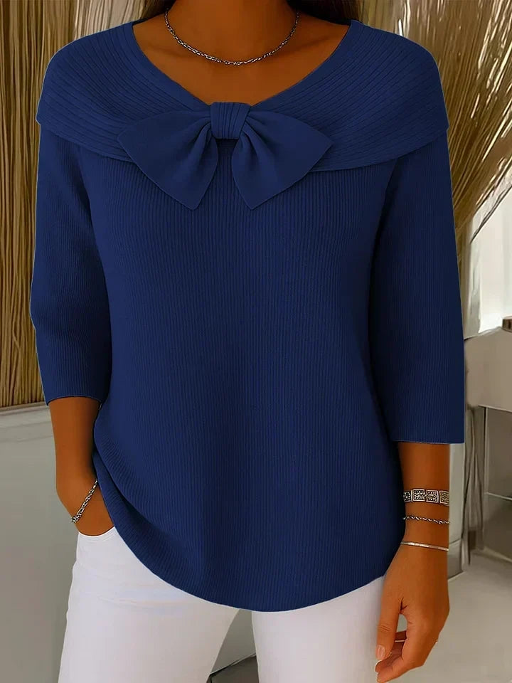 Tinsley | Women's Boat Neck Ribbed Bow Front Elbow Sleeve Sweater