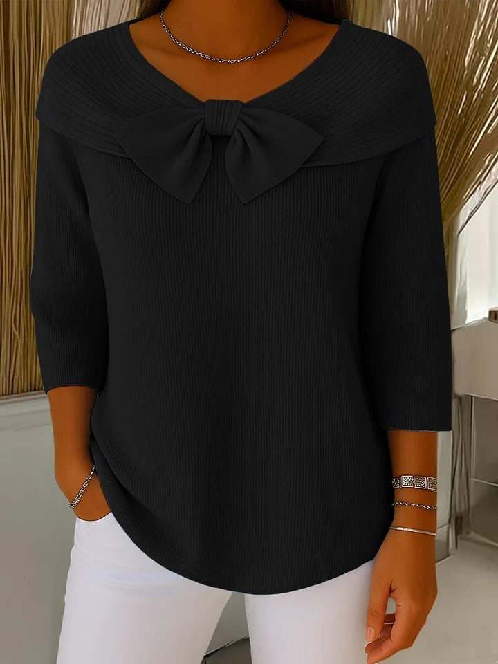 Tinsley | Women's Boat Neck Ribbed Bow Front Elbow Sleeve Sweater