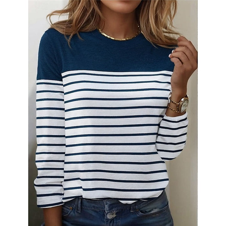 Striped Color Block Crew Neck Long Sleeve Casual Knit Tee Shirt Top