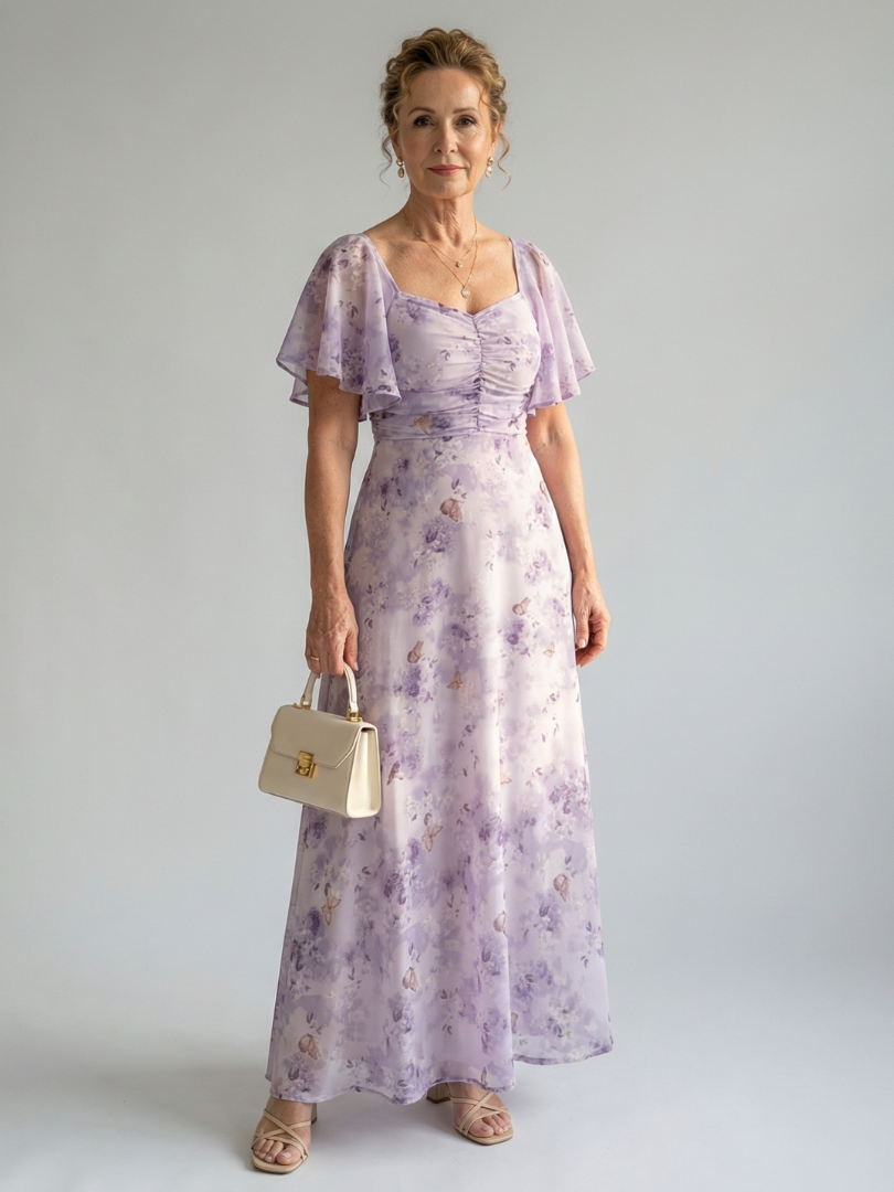Lavender Floral Print Sweetheart Neck Flutter Sleeve Ruched Flowy A Line Wedding Guest Maxi Dress