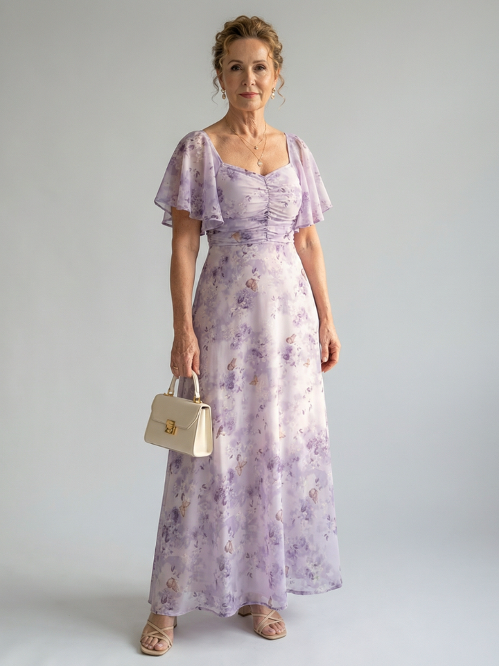 Lavender Floral Print Sweetheart Neck Flutter Sleeve Ruched Flowy A Line Wedding Guest Maxi Dress