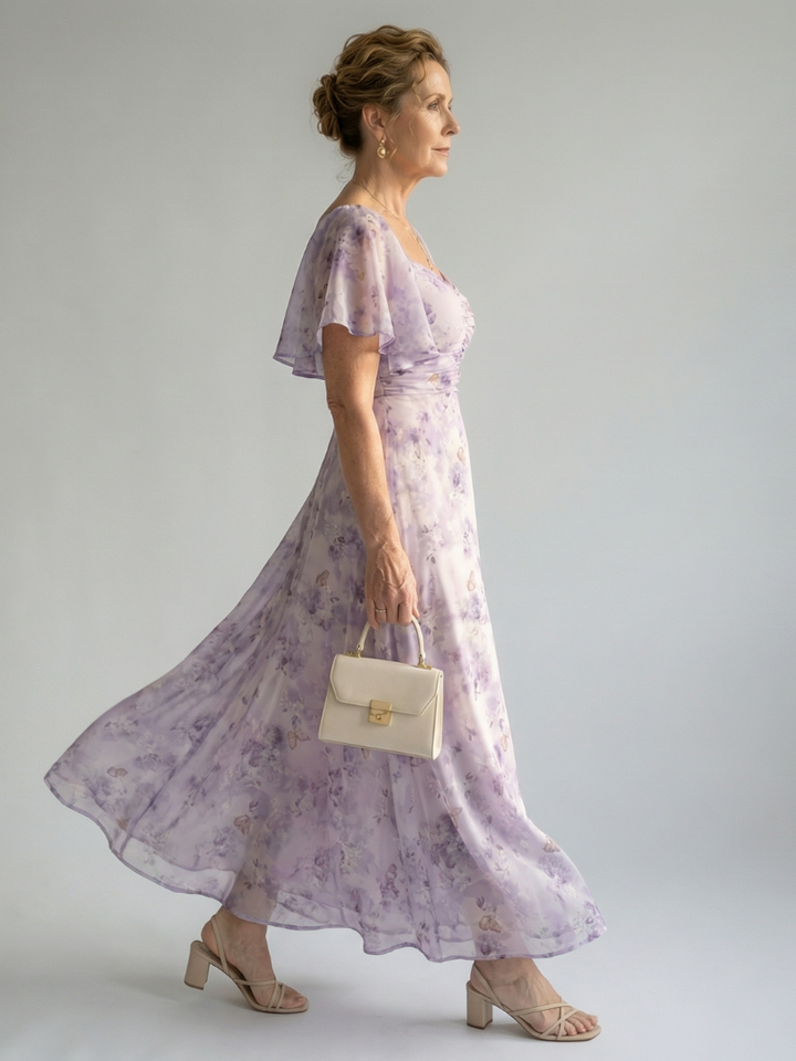 Lavender Floral Print Sweetheart Neck Flutter Sleeve Ruched Flowy A Line Wedding Guest Maxi Dress