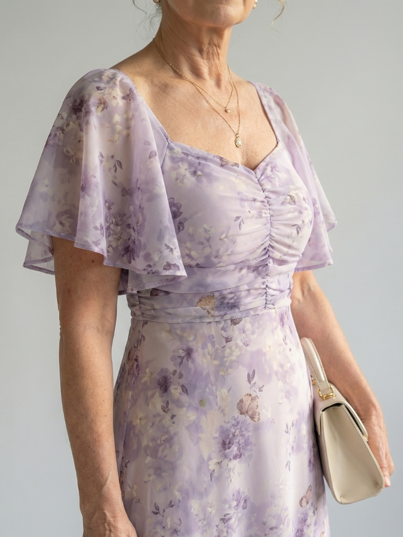 Lavender Floral Print Sweetheart Neck Flutter Sleeve Ruched Flowy A Line Wedding Guest Maxi Dress