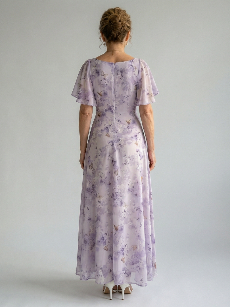 Lavender Floral Print Sweetheart Neck Flutter Sleeve Ruched Flowy A Line Wedding Guest Maxi Dress