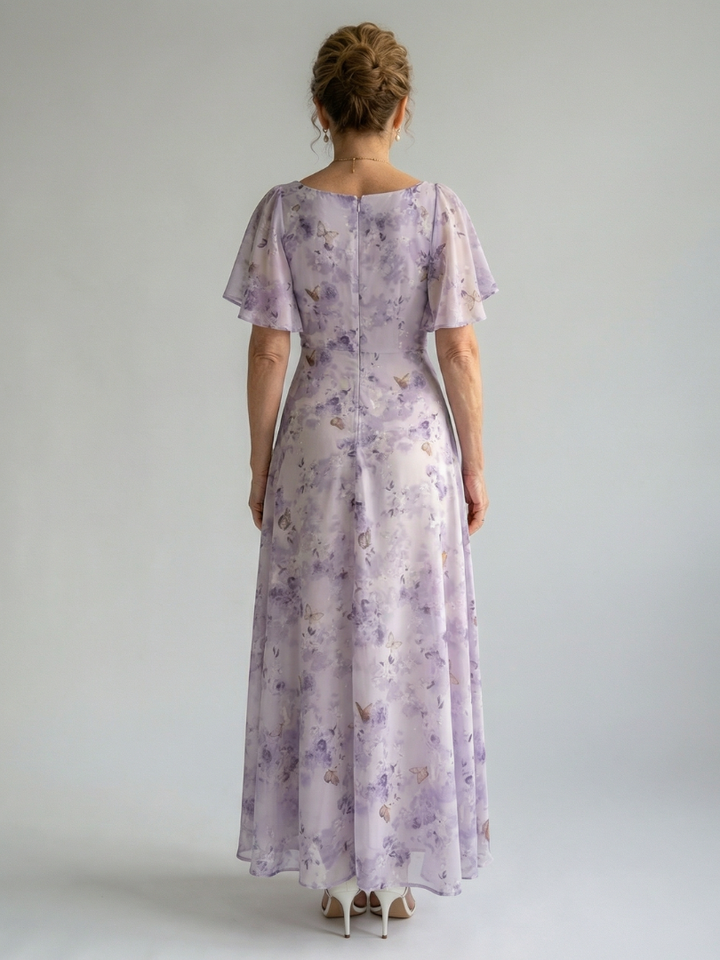 Lavender Floral Print Sweetheart Neck Flutter Sleeve Ruched Flowy A Line Wedding Guest Maxi Dress