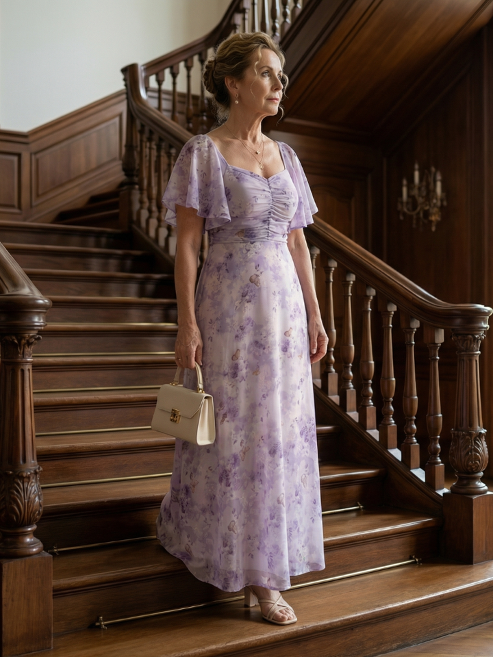 Lavender Floral Print Sweetheart Neck Flutter Sleeve Ruched Flowy A Line Wedding Guest Maxi Dress