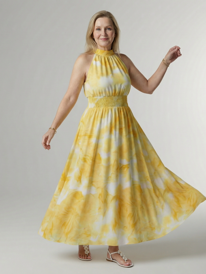 Halter Neck Sleeveless Smocked Waist Tie Dye Flowy A Line Wedding Guest Maxi Dress
