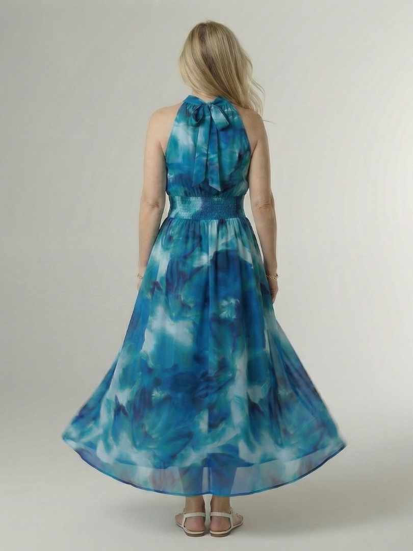 Halter Neck Sleeveless Smocked Waist Tie Dye Flowy A Line Wedding Guest Maxi Dress