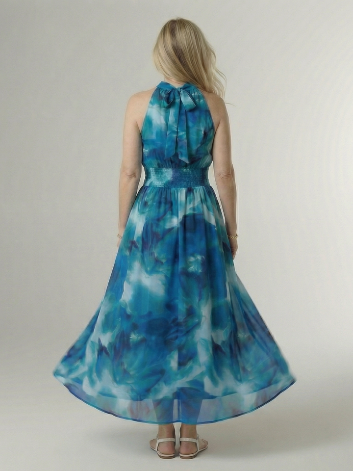 Halter Neck Sleeveless Smocked Waist Tie Dye Flowy A Line Wedding Guest Maxi Dress