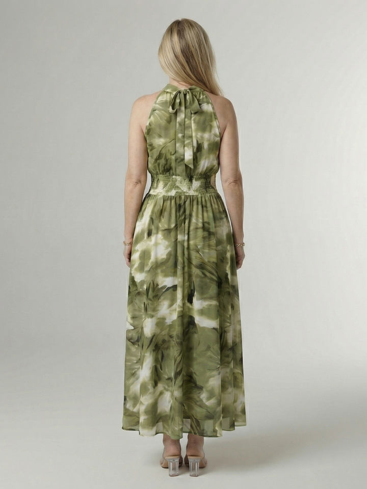 Halter Neck Sleeveless Smocked Waist Tie Dye Flowy A Line Wedding Guest Maxi Dress