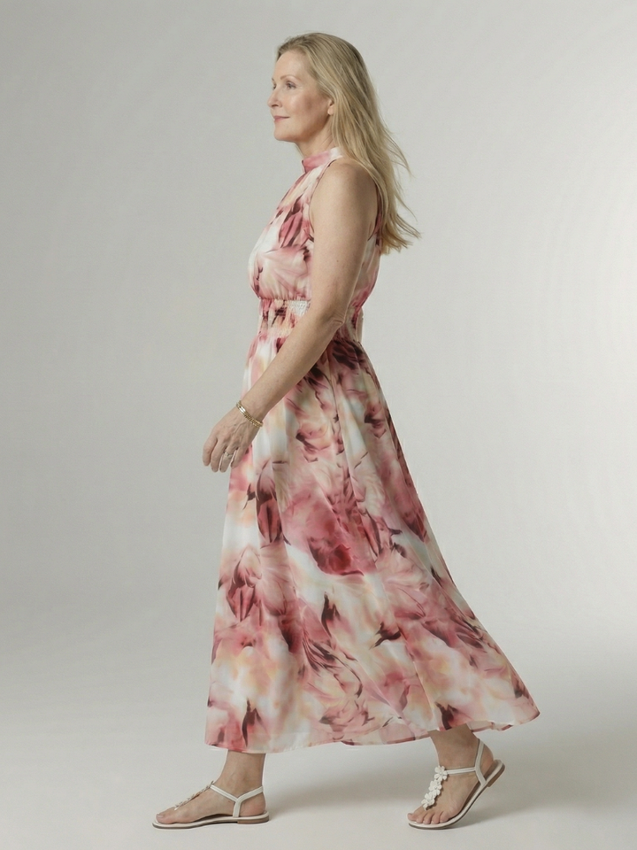 Halter Neck Sleeveless Smocked Waist Tie Dye Flowy A Line Wedding Guest Maxi Dress