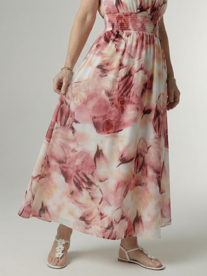 Halter Neck Sleeveless Smocked Waist Tie Dye Flowy A Line Wedding Guest Maxi Dress